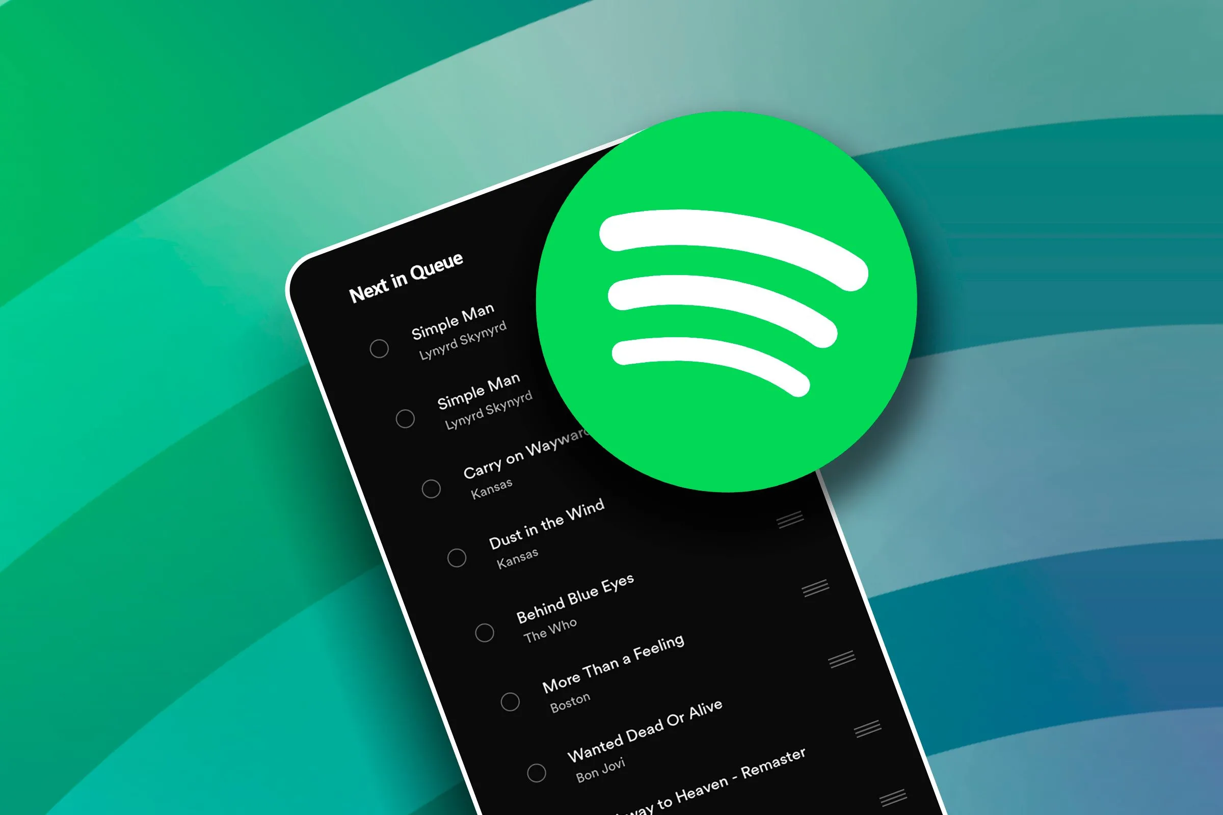Màn hình điện thoại hiển thị giao diện hàng chờ phát nhạc Spotify với logo nổi bật