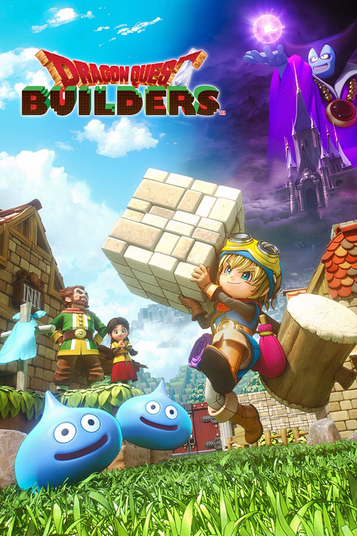 Màn hình giới thiệu game Dragon Quest Builders trên Nintendo Switch, nổi bật phong cách đồ họa khối lập phương.