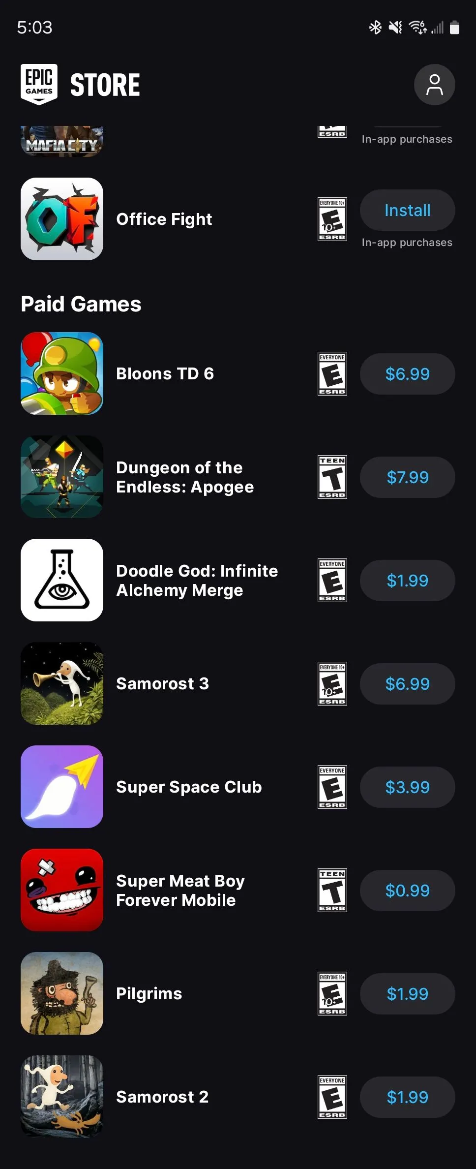 Màn hình hiển thị danh sách game chọn lọc trên Epic Games Store Android, nhấn mạnh sự tập trung vào nội dung cao cấp.