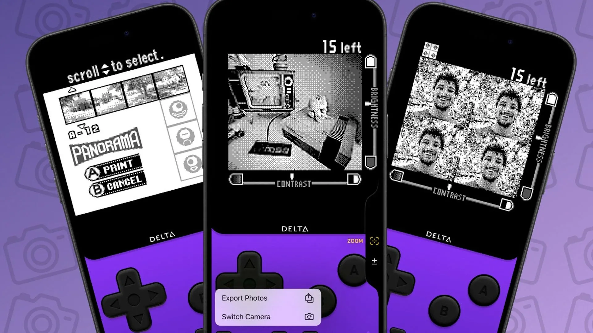 Màn hình iPhone hiển thị ứng dụng camera kiểu Game Boy