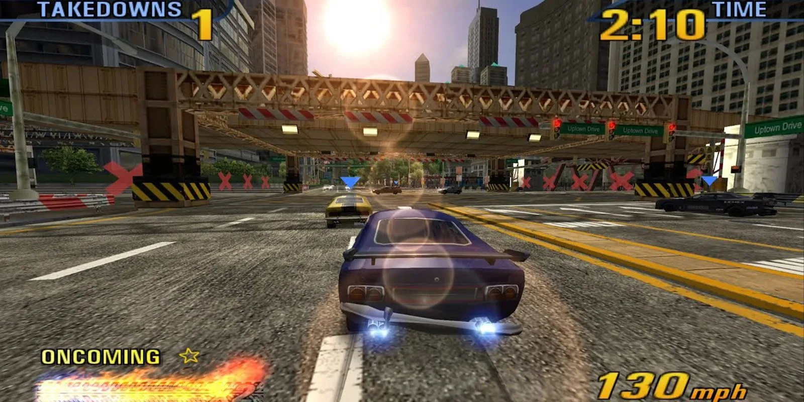 Màn hình kết quả Crash Mode trong Burnout 3 Takedown hiển thị tổng thiệt hại và điểm số