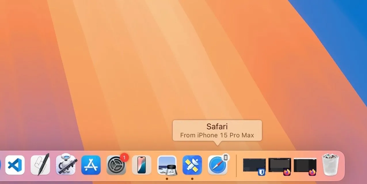 Màn hình Mac hiển thị gợi ý Handoff cho Safari, minh họa khả năng chuyển đổi tác vụ liền mạch giữa các thiết bị Apple.
