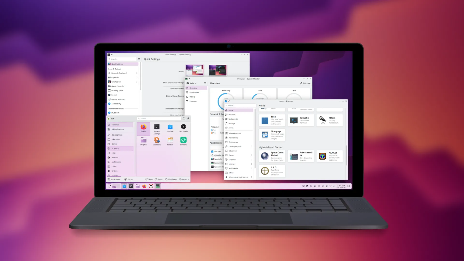 Màn hình máy tính để bàn KDE Plasma trên máy tính xách tay với hình nền gradient tím và vàng