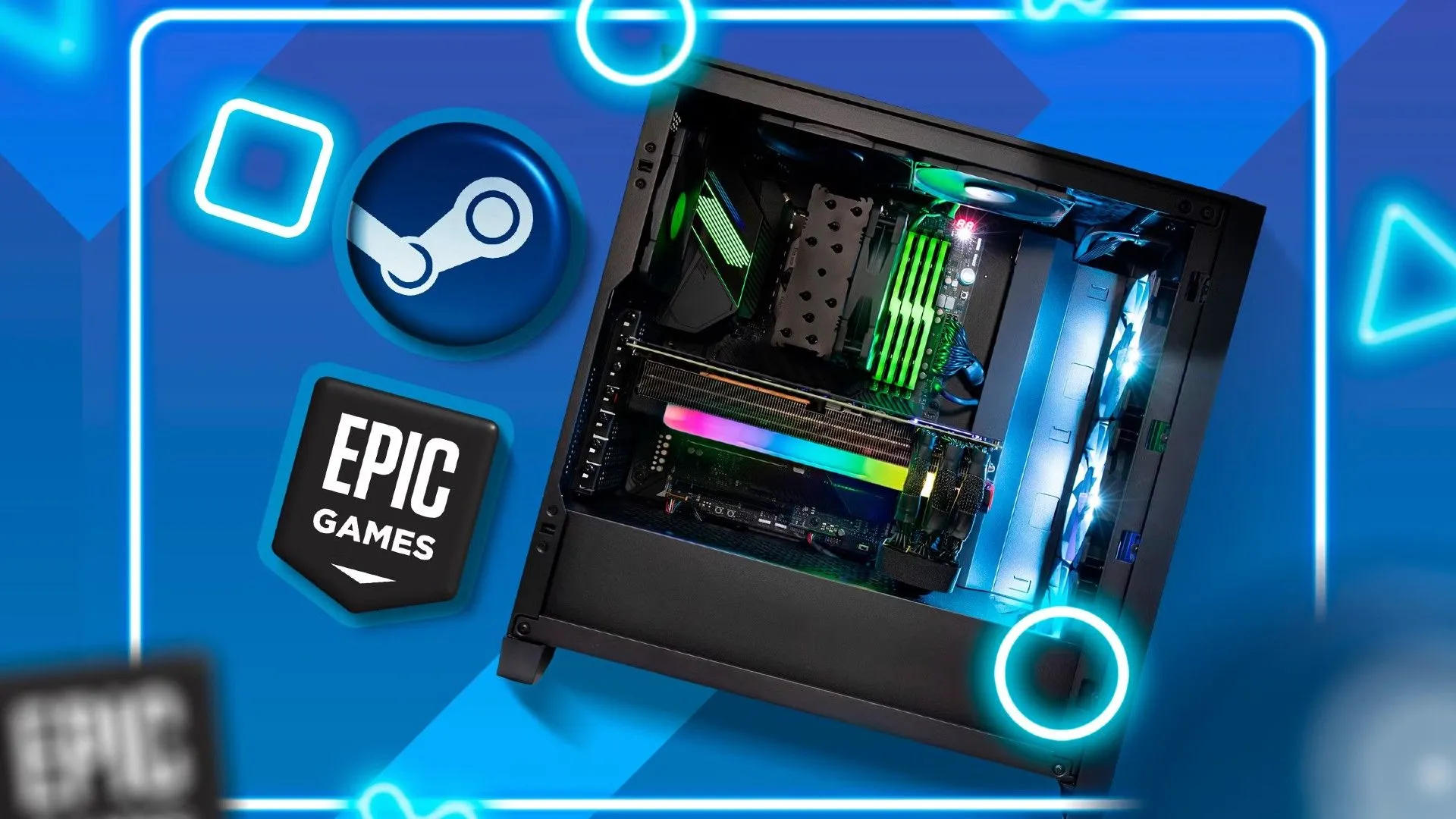Màn hình máy tính gaming hiển thị logo Epic Games và Steam, biểu tượng cho sự cạnh tranh sôi động trong thị trường game PC.