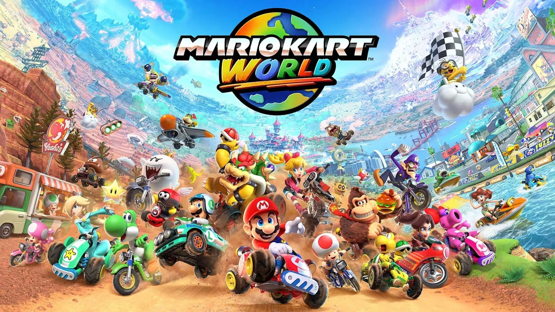 Mario đang đua xe vượt chướng ngại vật trong Mario Kart World