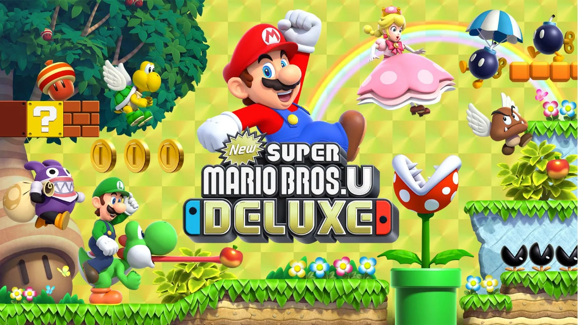 Mario nhảy qua một cấp độ nền tảng trong New Super Mario Bros U Deluxe.