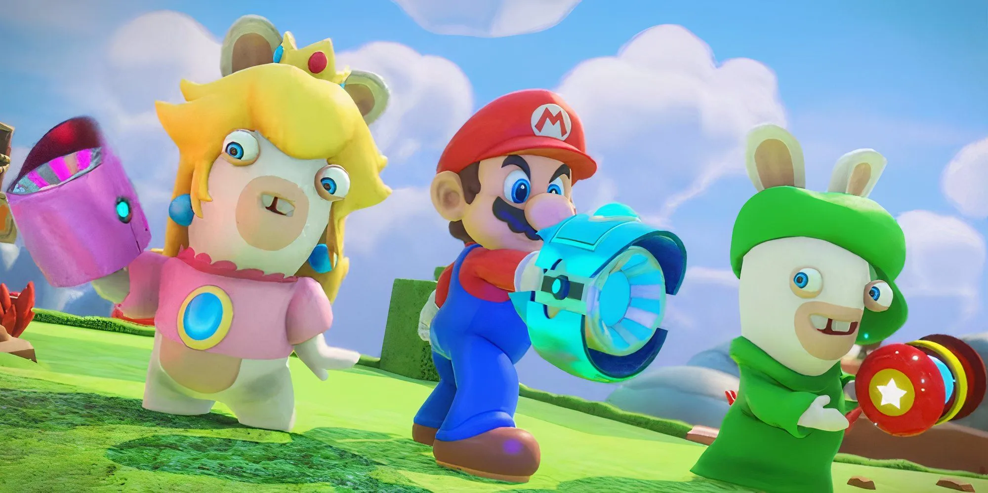 Mario và các nhân vật Rabbids trong một trận chiến chiến thuật của Mario + Rabbids Kingdom Battle
