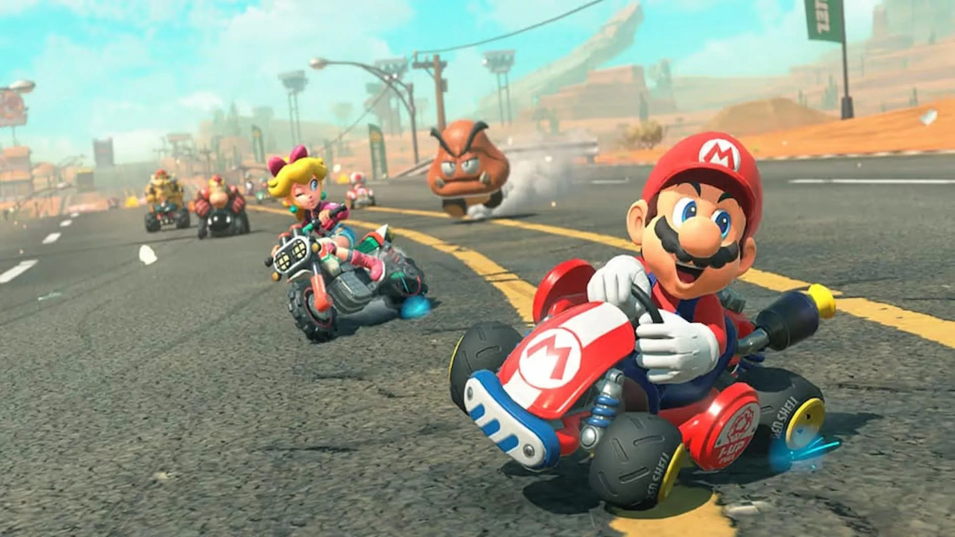 Mario và Công chúa Peach trong một cuộc đua gay cấn của tựa game Mario Kart World