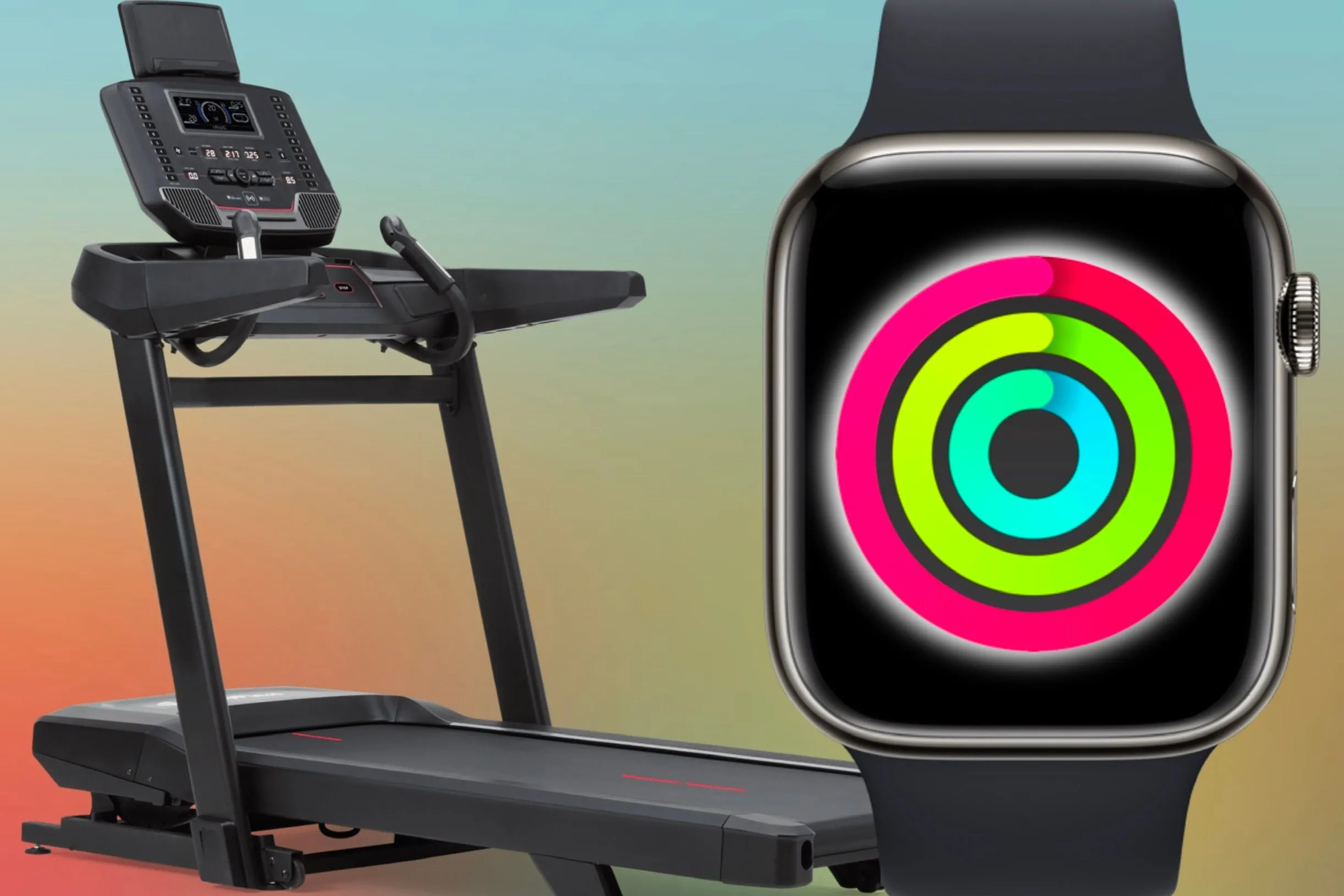 Máy chạy bộ tương thích GymKit đặt cạnh Apple Watch đã hoàn thành bài tập