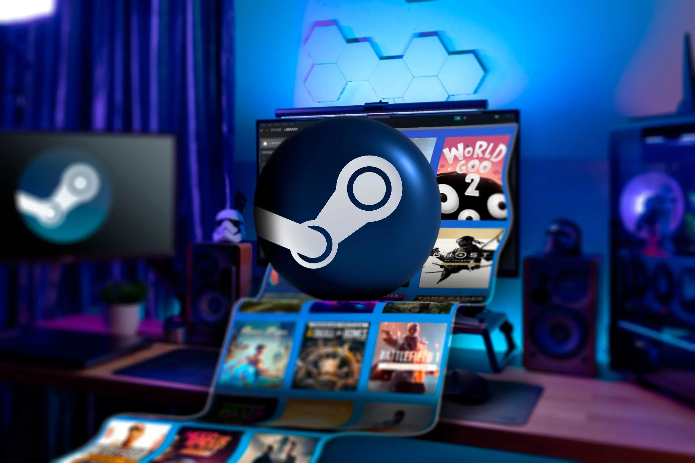 Máy tính chơi game với biểu tượng Steam và các tựa game nổi bật, minh họa thư viện game đồ sộ và sức hút của nền tảng này.