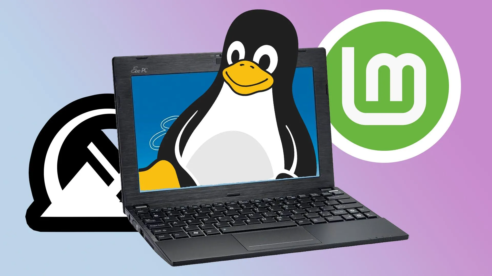Máy tính Eee PC với biểu tượng Linux, Mint Linux và MX Linux