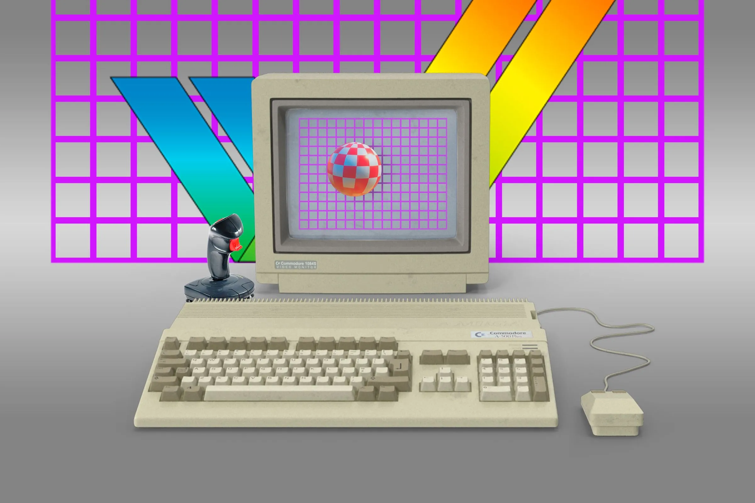 Máy tính gia đình Commodore Amiga 500 với chuột, joystick và màn hình hiển thị demo Boing Ball 1984