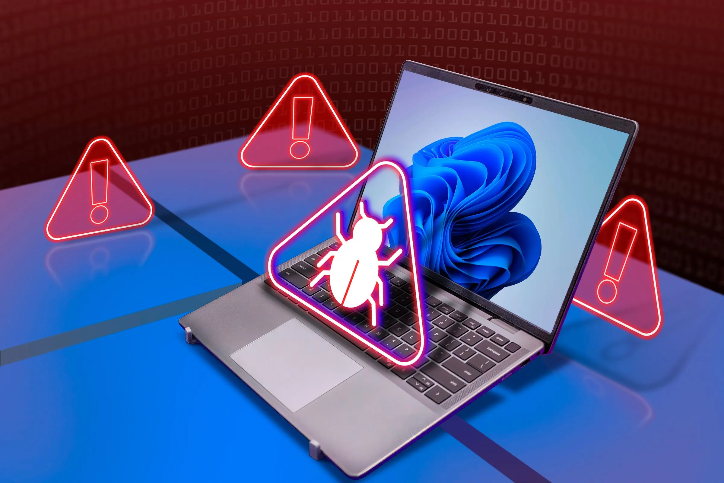 Máy tính xách tay chạy Windows 11 với biểu tượng phần mềm độc hại (malware) và các dấu hiệu cảnh báo xung quanh, cho thấy nguy cơ bị theo dõi dù đang duyệt web ẩn danh.