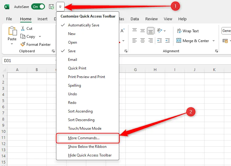 Menu thả xuống Tùy chỉnh Thanh công cụ Truy cập Nhanh của Excel với tùy chọn More Commands