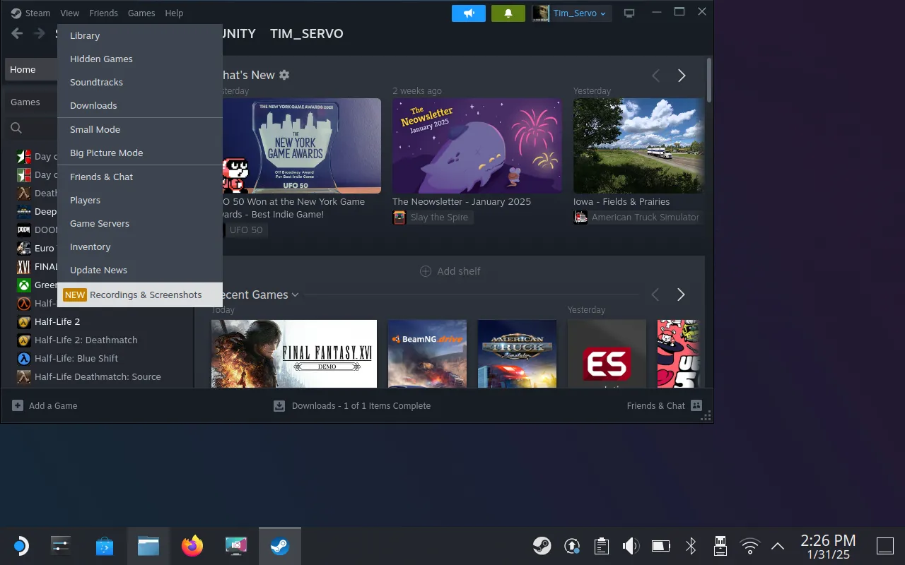 Menu &quot;View &gt; Recordings and Screenshots&quot; trong ứng dụng Steam trên SteamOS để quản lý ảnh và video đã chụp.