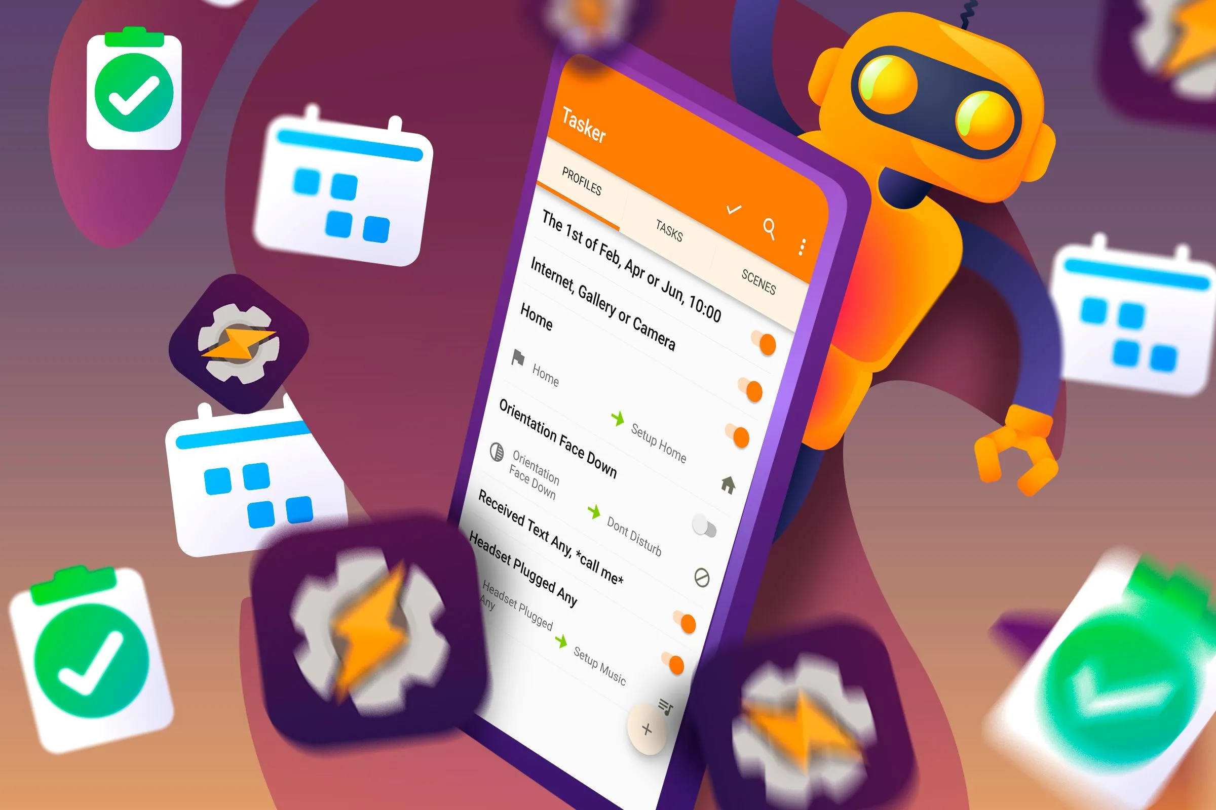 Minh họa điện thoại Android với các biểu tượng tự động hóa tác vụ xung quanh