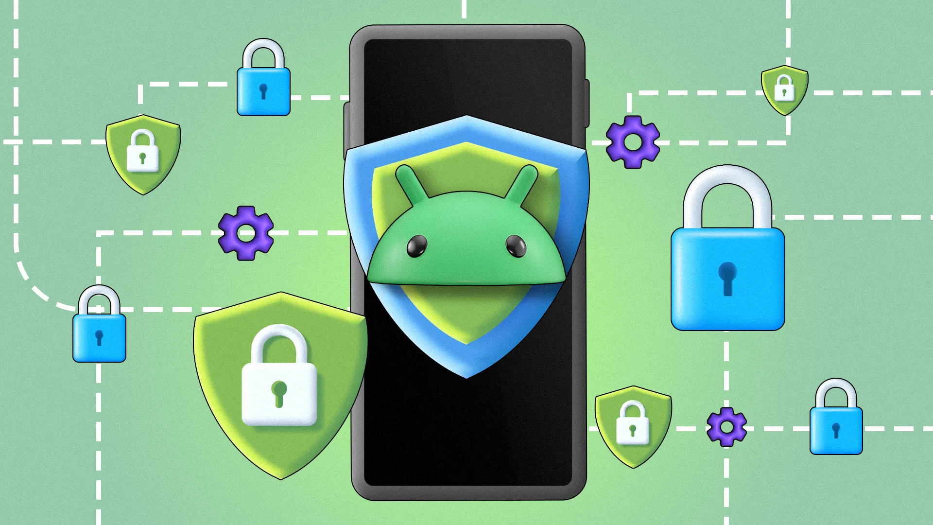 Minh họa điện thoại Android với logo trên khiên bảo vệ và các biểu tượng quyền riêng tư