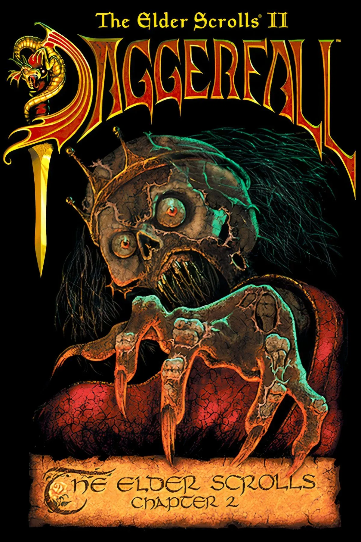 Minh họa tổng hợp các hình ảnh từ game The Elder Scrolls II: Daggerfall với logo của game.