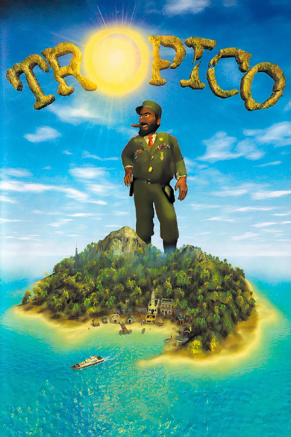 Minh họa tổng hợp các hình ảnh từ game Tropico với logo của game.