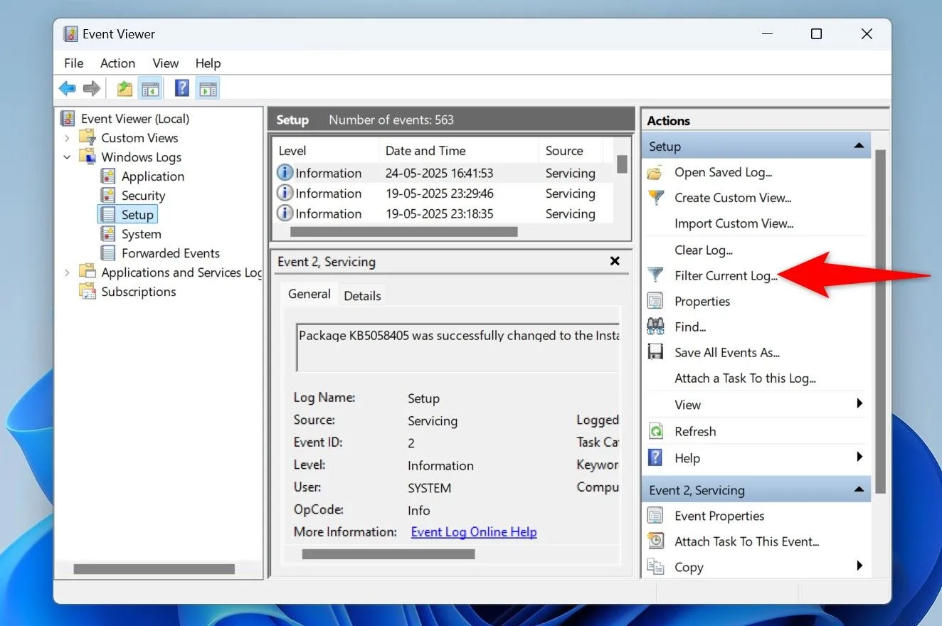 Mở Event Viewer và chọn mục Nhật ký Windows để xem lịch sử khởi động lại