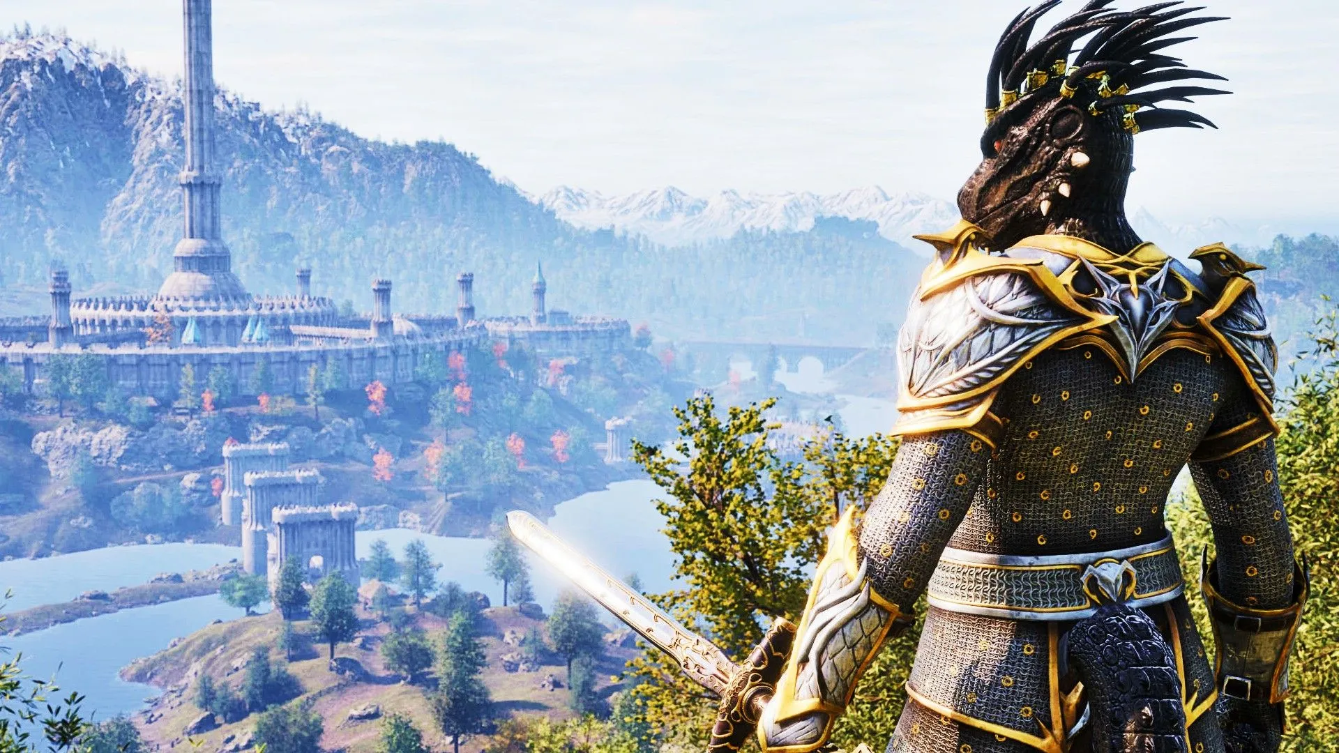Một Argonian trong bộ giáp đầy đủ cầm kiếm đứng trước Thành phố Hoàng gia trong The Elder Scrolls IV Oblivion Remastered, minh họa thế giới rộng lớn và lore sâu sắc của game)