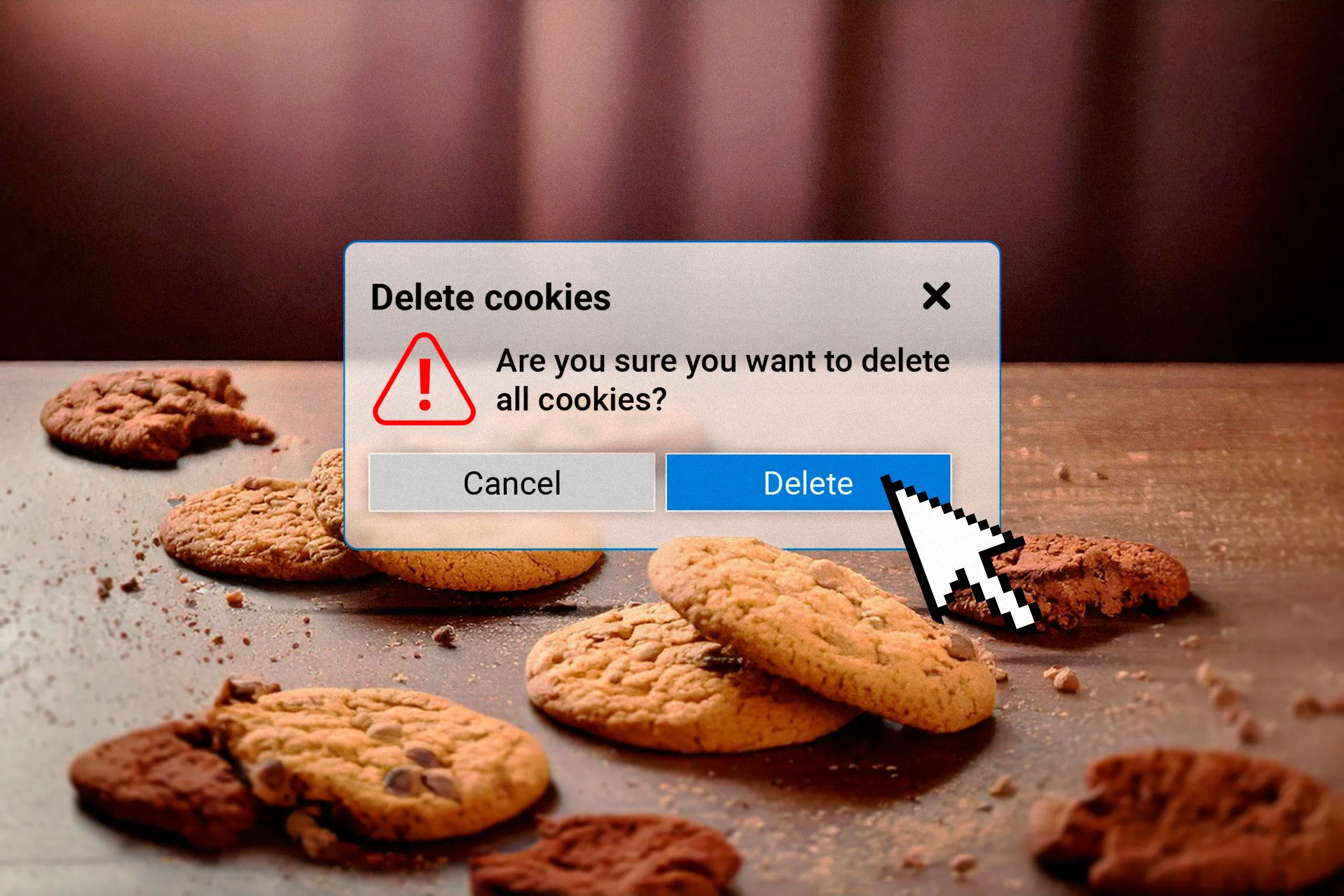 Một bàn làm việc với nhiều cookie máy tính rải rác và một cửa sổ trình duyệt mở để xóa cookie, thể hiện sự phức tạp của việc quản lý dữ liệu trực tuyến.