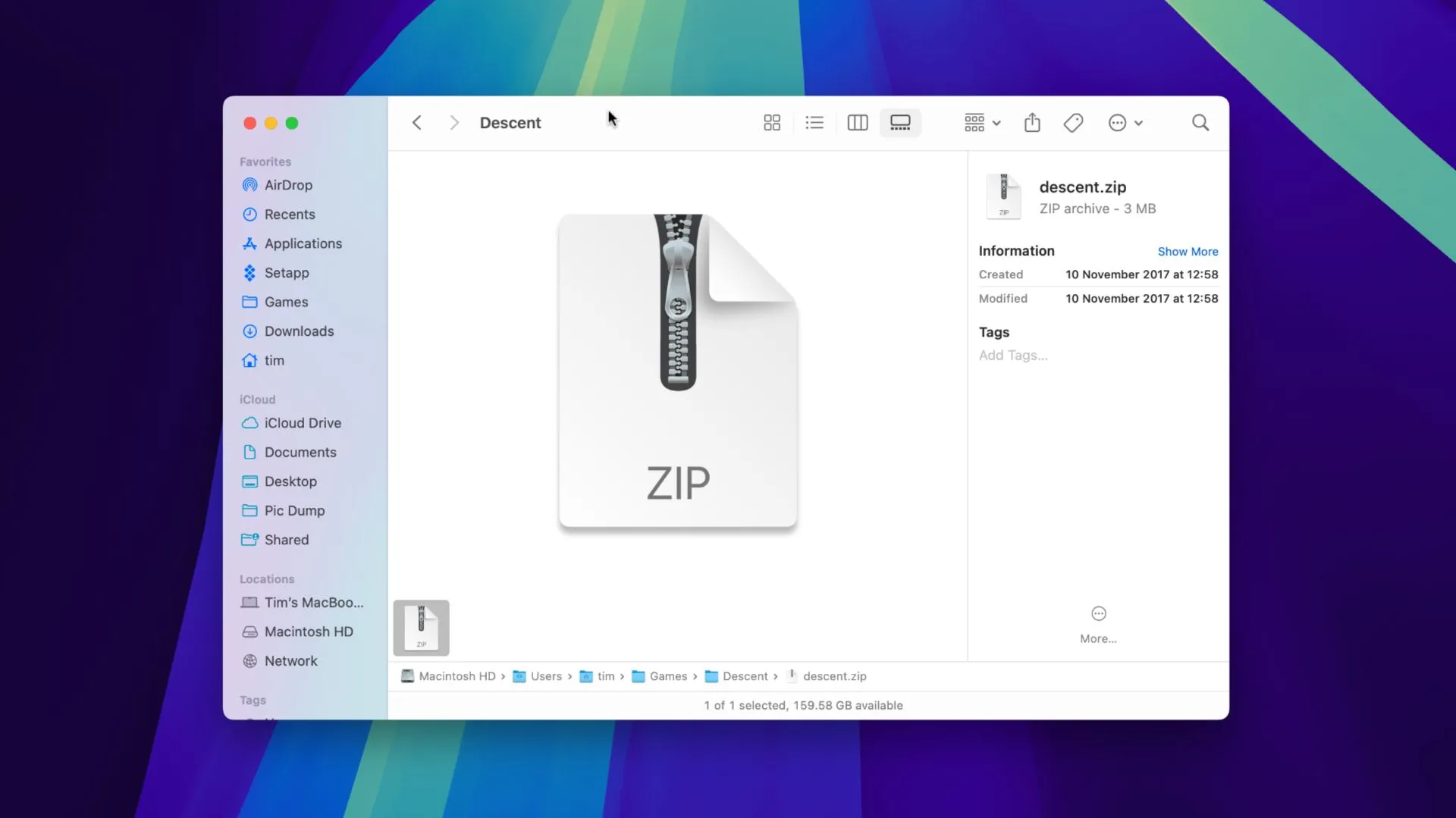 Một bản sao Descent đã được nén trên macOS, minh họa khả năng quản lý file nén hiệu quả hơn của các ứng dụng thay thế.