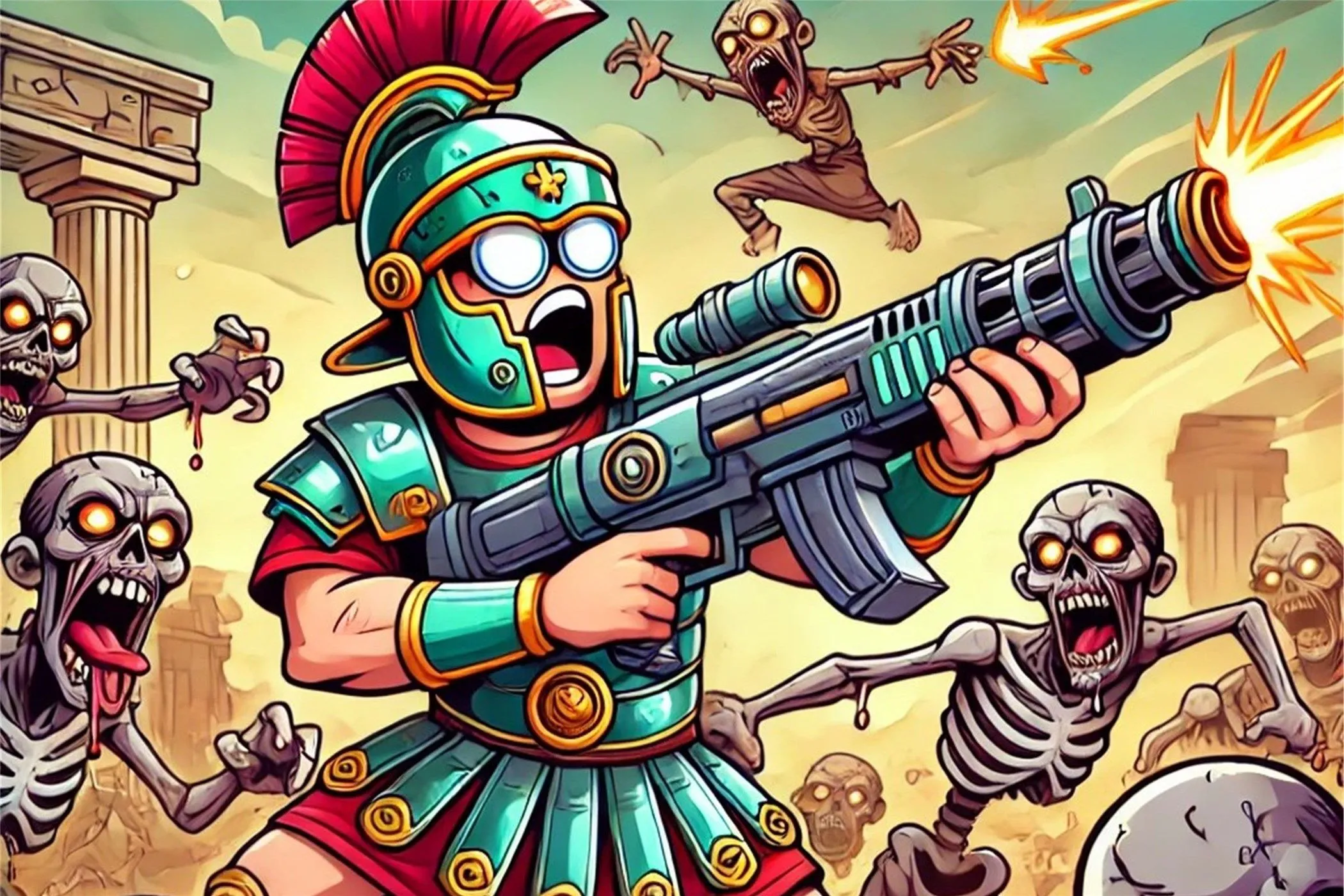 Một binh sĩ La Mã cầm súng máy chiến đấu với zombie trong quảng cáo game di động giả mạo