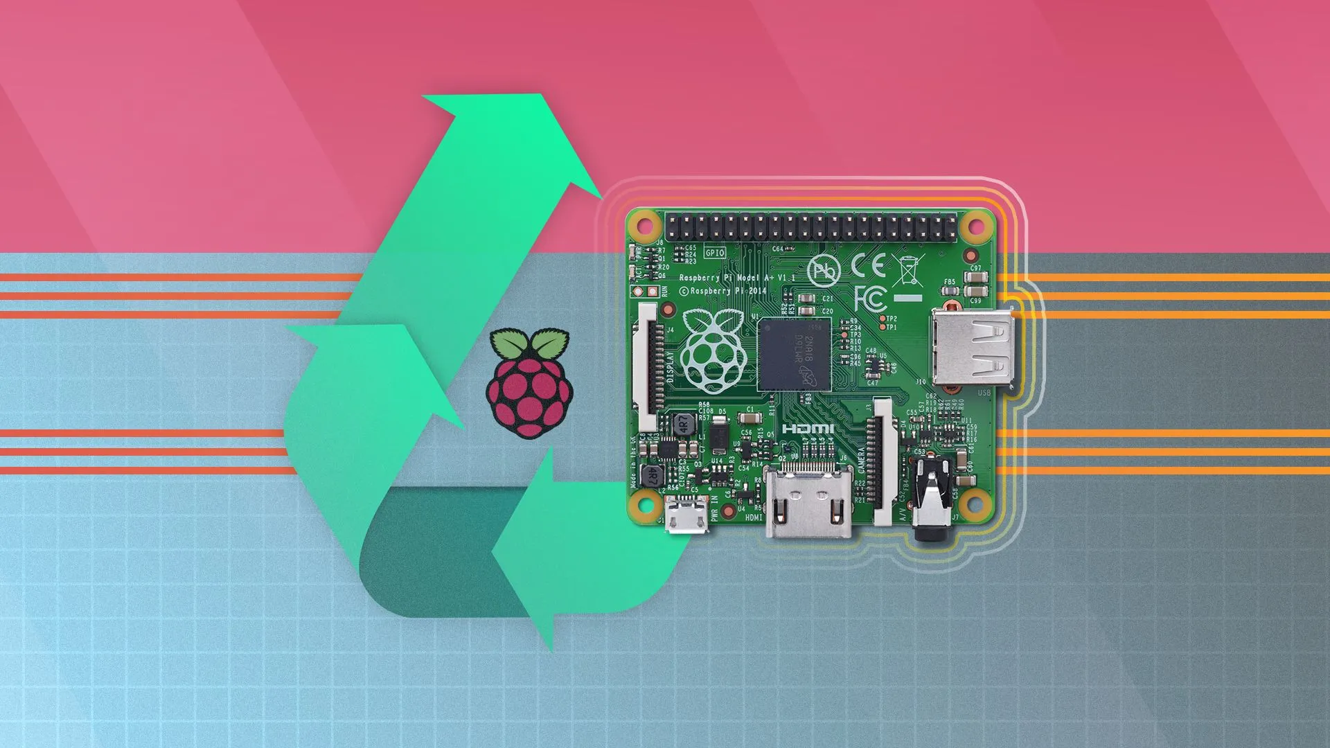 Một bo mạch Raspberry Pi thế hệ đầu với biểu tượng tái chế, thể hiện tiềm năng tối ưu hóa các thiết bị cũ bằng DietPi