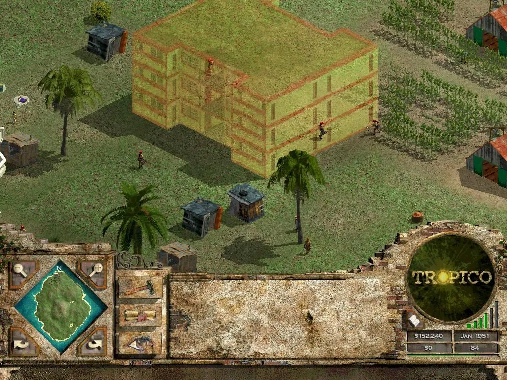 Một cảnh quan rộng lớn của hòn đảo Tropico, với cảng biển và các khu dân cư sầm uất.