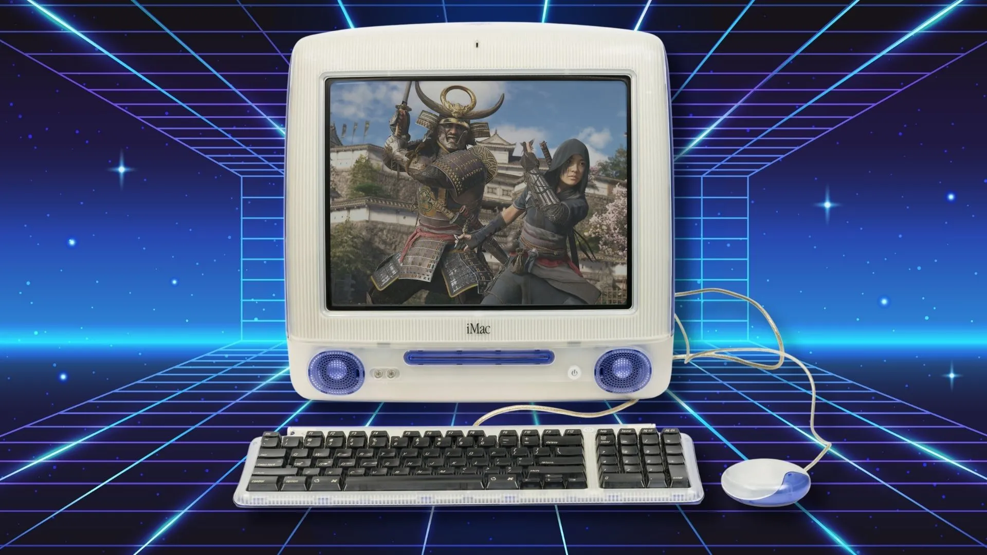 Một chiếc iMac cổ điển hiển thị tựa game Assassin's Creed Shadows trên màn hình, tượng trưng cho sự tiến hóa của gaming trên macOS.