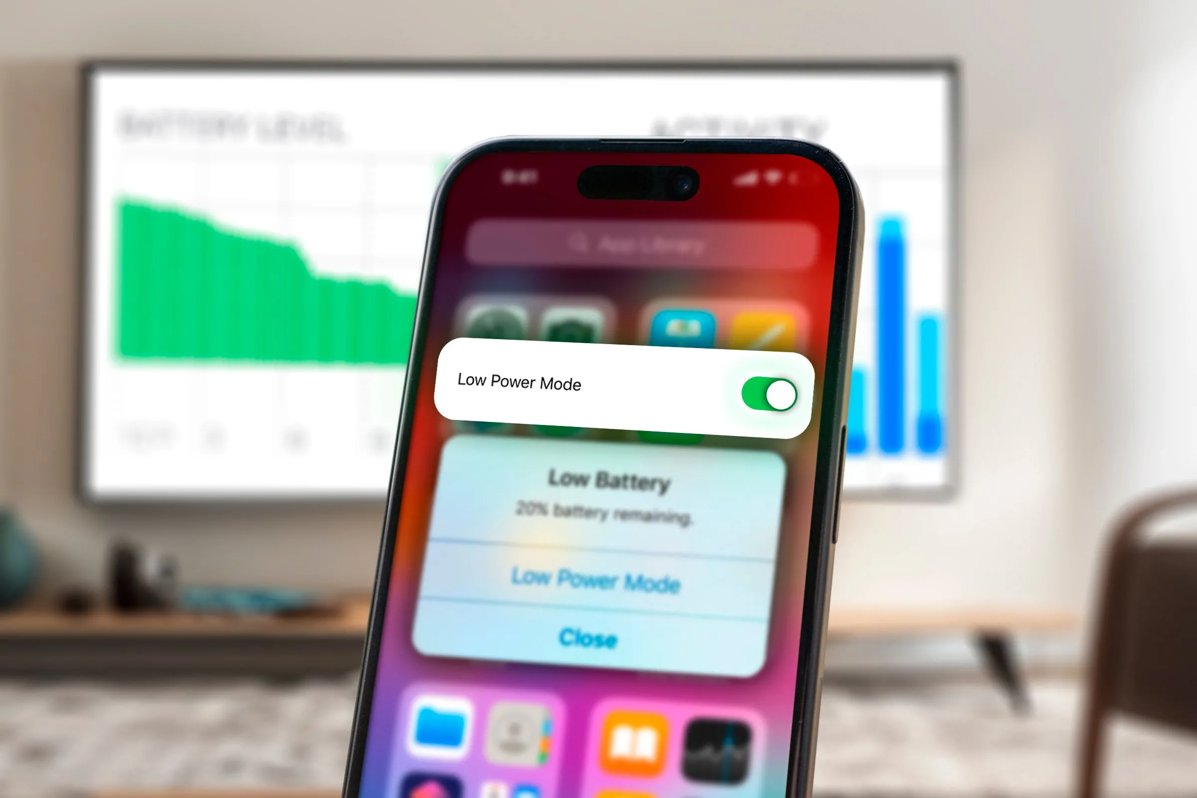 Một chiếc iPhone với cảnh báo pin yếu và công tắc chế độ nguồn điện thấp được kích hoạt