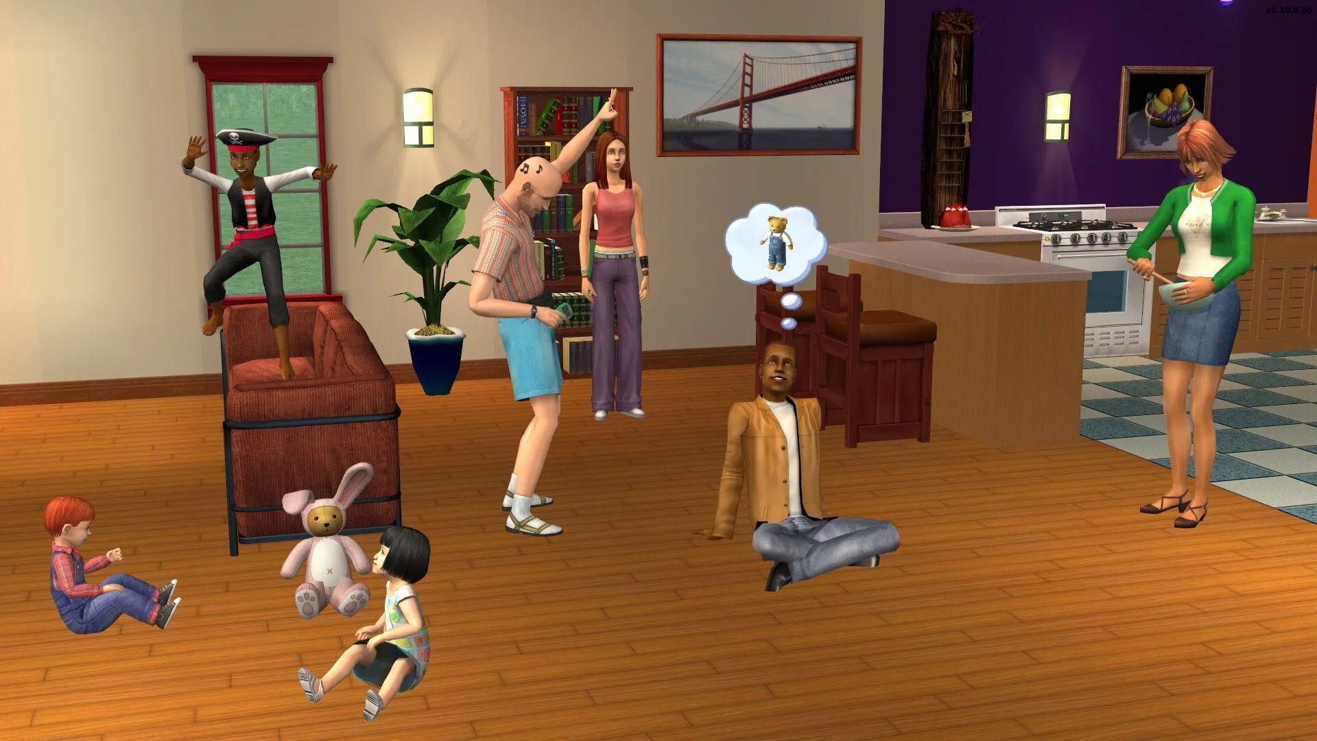 Một gia đình Sims đang tận hưởng cuộc sống trong The Sims 2, thể hiện khả năng mô phỏng đời sống