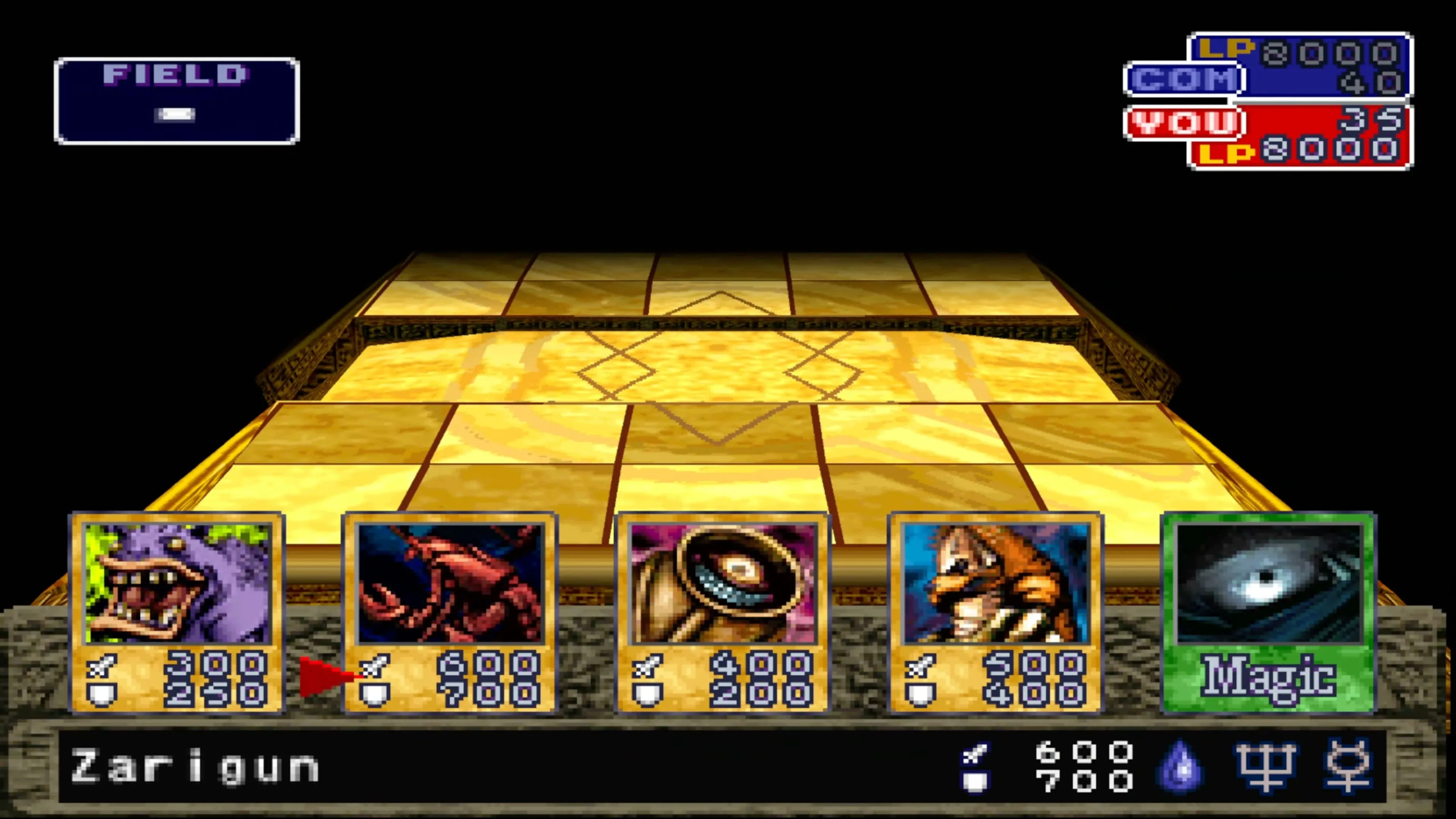 Một màn đấu bài căng thẳng trong Yu-Gi-Oh! Forbidden Memories, thể hiện giao diện đặc trưng của game.