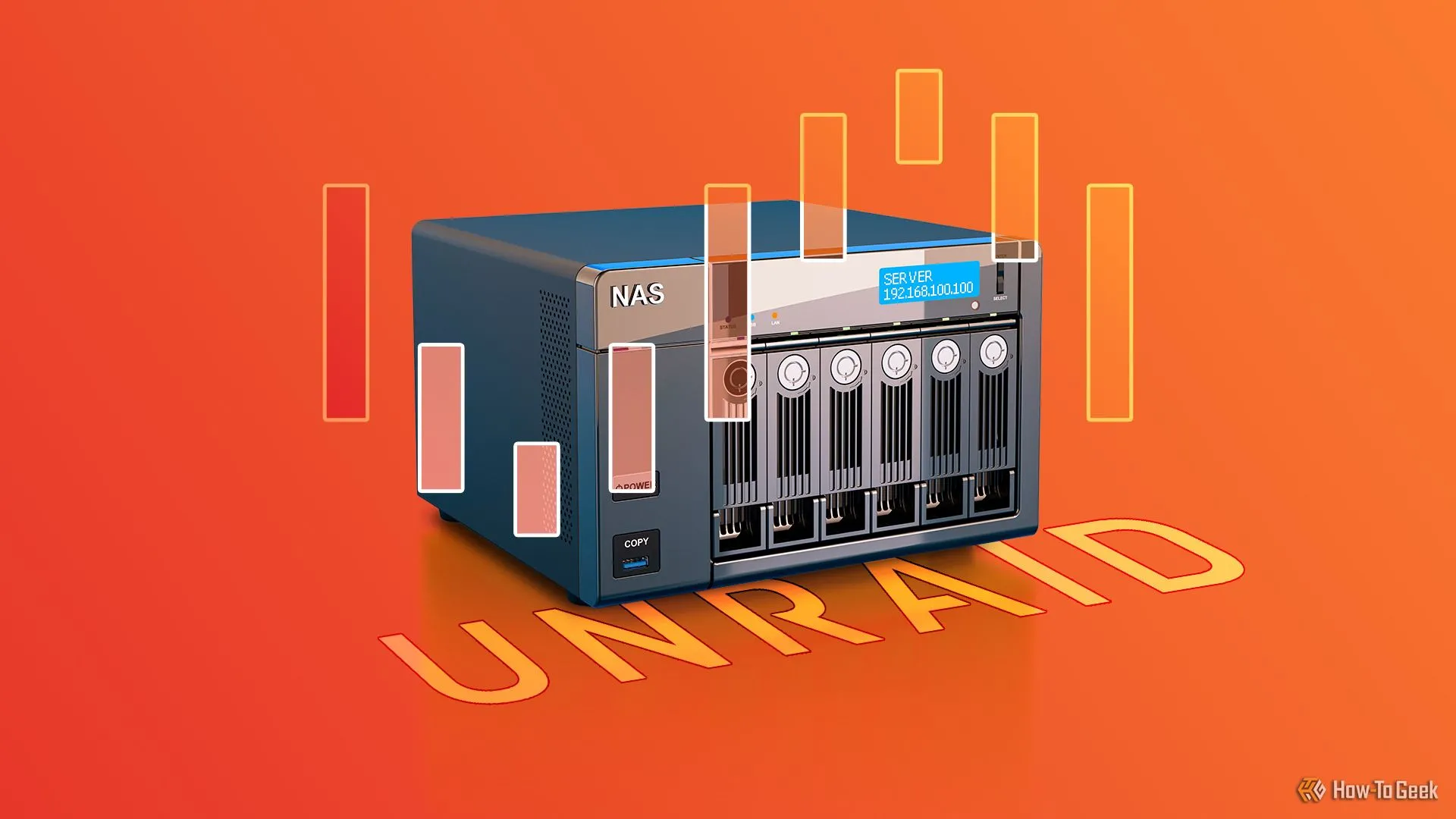 Một máy chủ NAS với logo Unraid nổi bật ở trung tâm