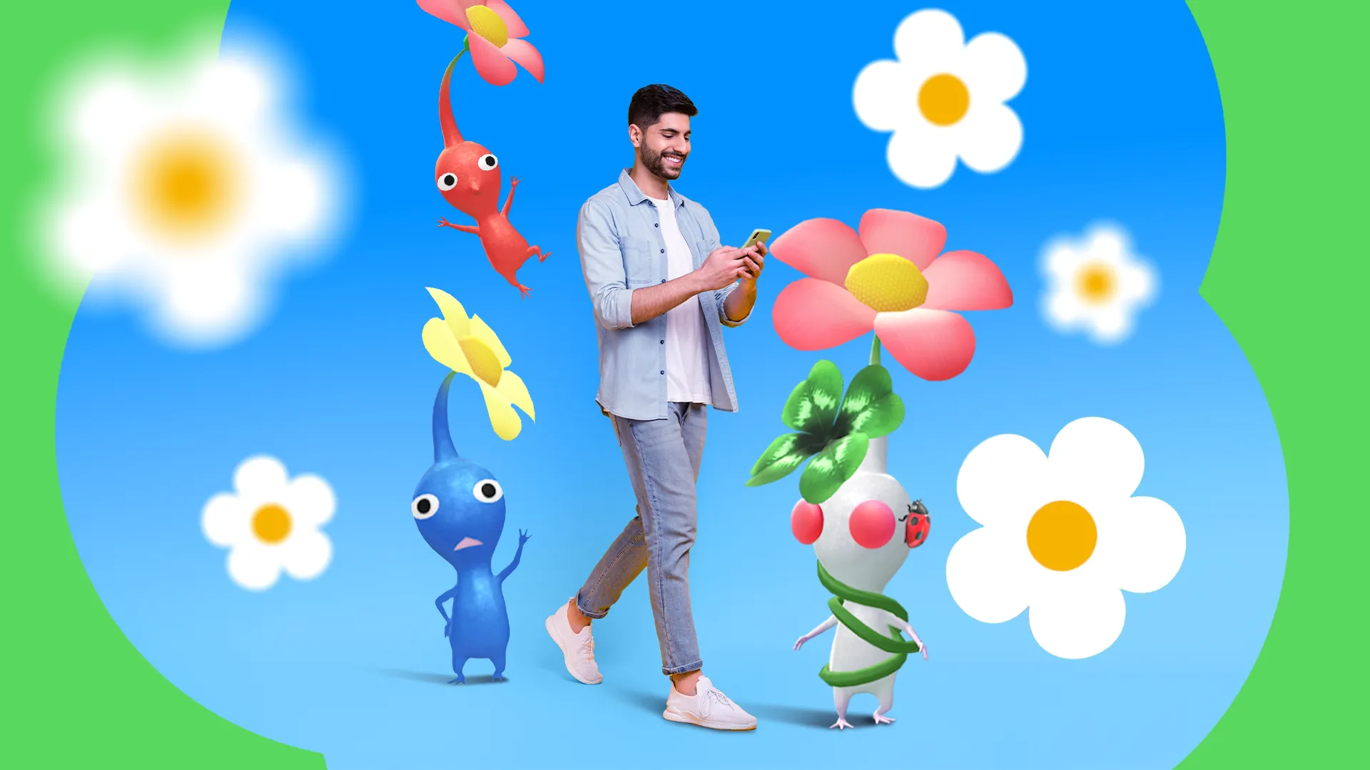 Một người đàn ông đang đi bộ và sử dụng điện thoại, xung quanh là các nhân vật Pikmin Bloom và hoa hoạt hình, thể hiện sự kết hợp giải trí và vận động thông qua game thực tế ảo tăng cường.