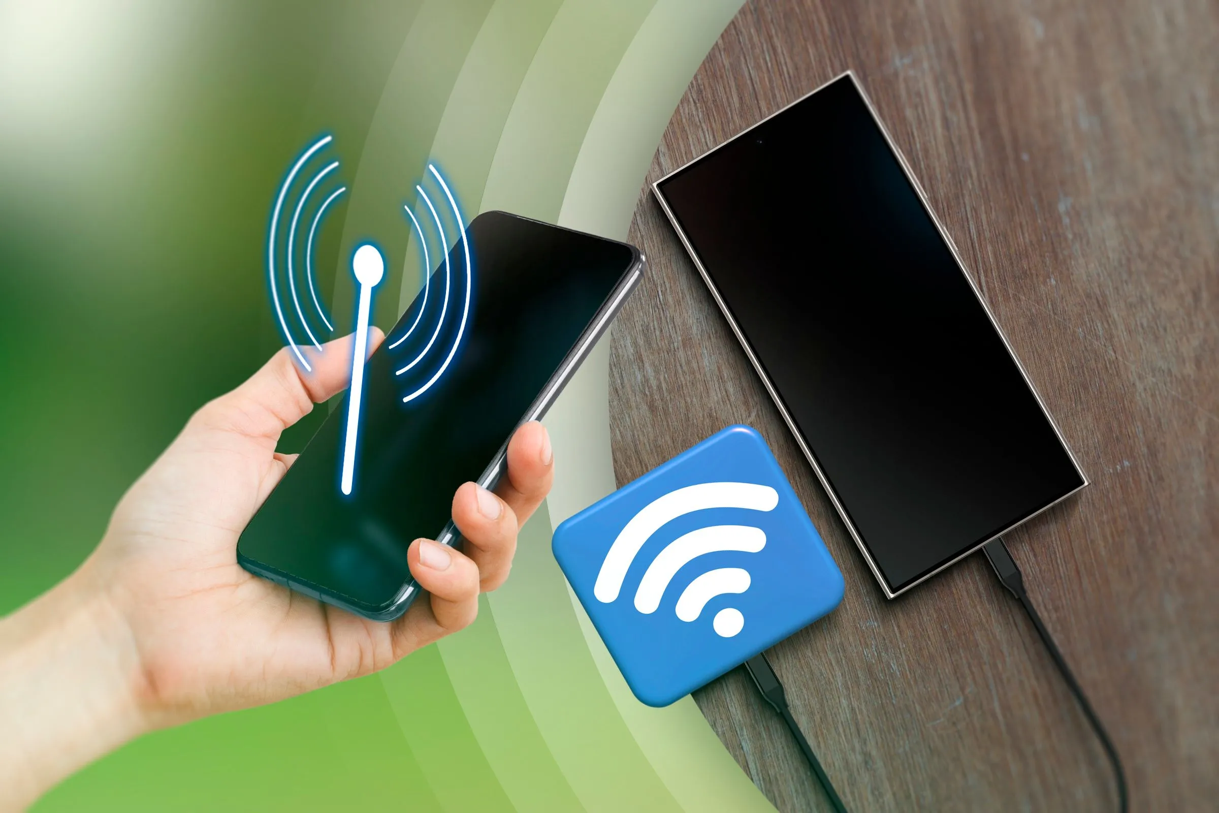 Một người dùng đang cầm điện thoại kích hoạt tính năng hotspot, bên cạnh là điện thoại khác kết nối Wi-Fi, thể hiện khả năng chia sẻ mạng.