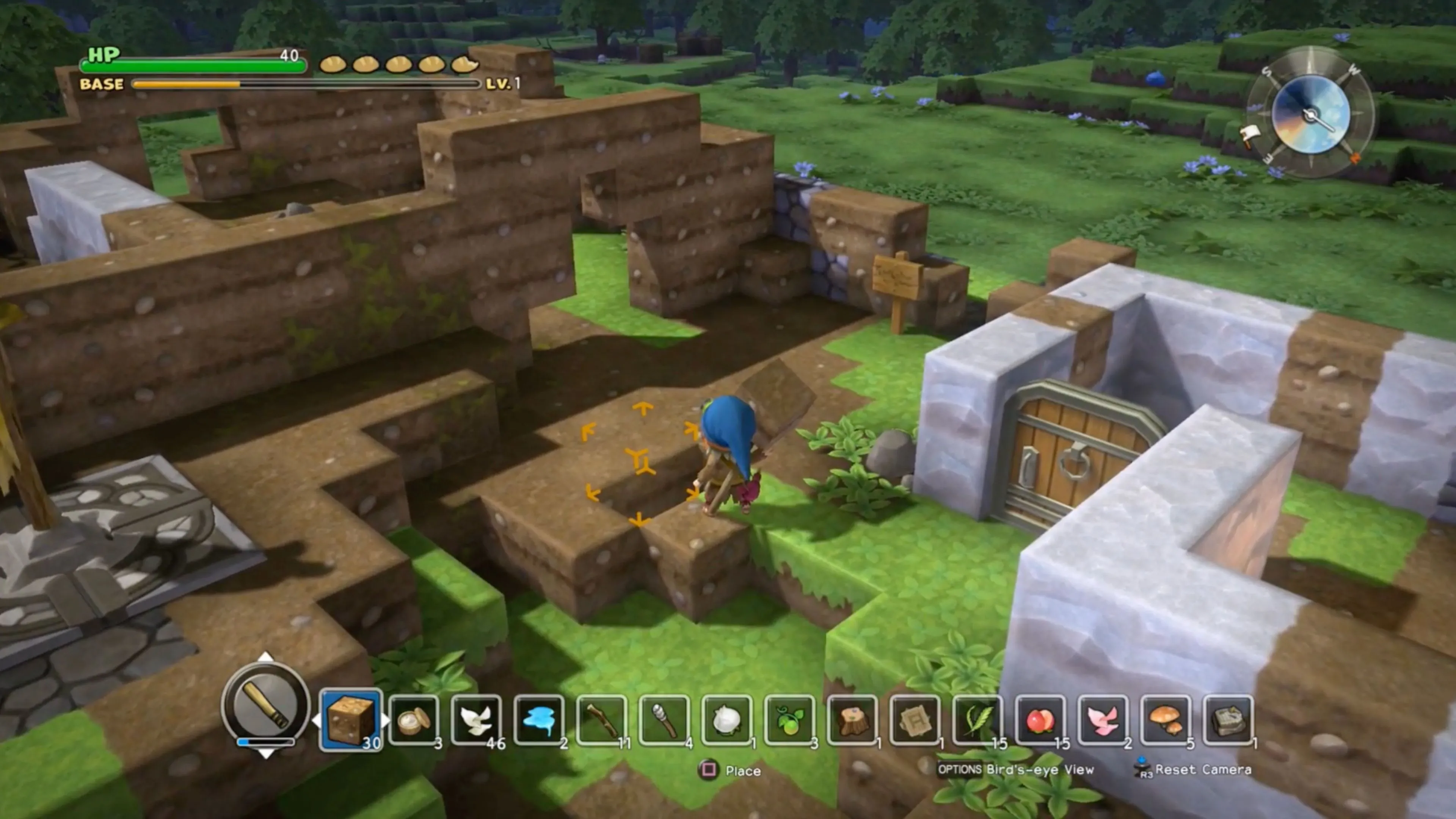 Một nhân vật đang khai thác tài nguyên từ lòng đất trong Dragon Quest Builders, với hệ thống hang động đặc trưng.