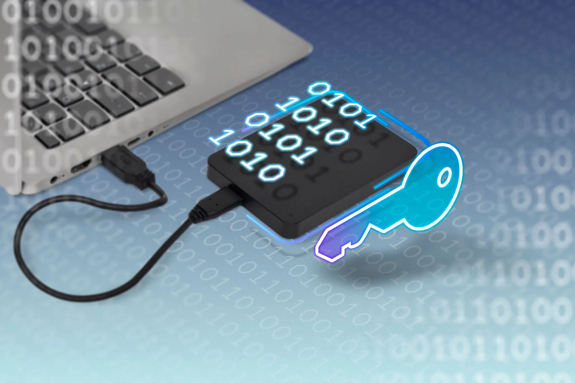 Một ổ đĩa ngoài kết nối với laptop, bên cạnh là chìa khóa và mã nhị phân, biểu tượng cho khả năng sao lưu và bảo mật dữ liệu của máy ảo.
