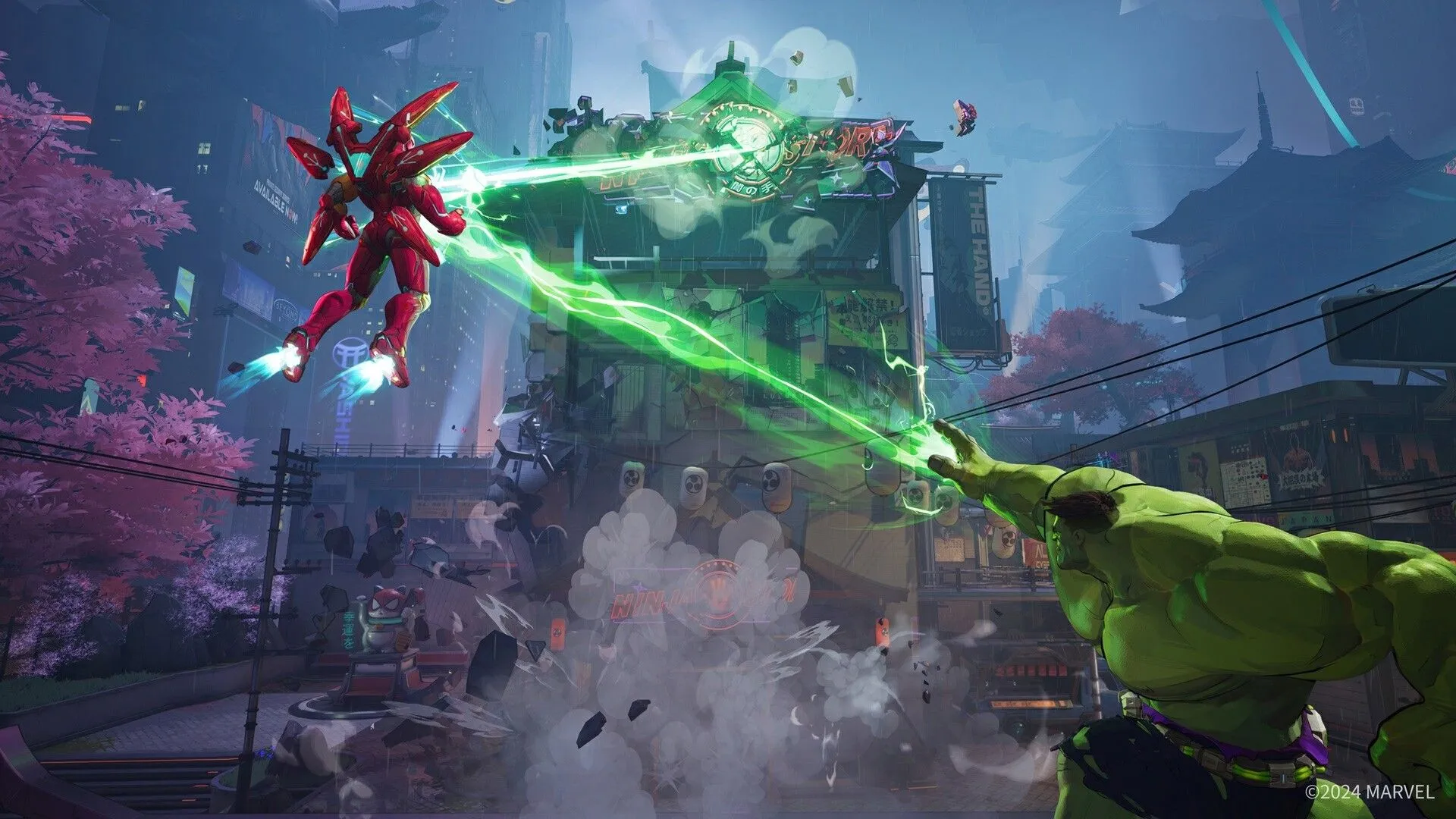 Một pha hành động tốc độ cao trong Marvel Rivals với các siêu anh hùng đang tấn công