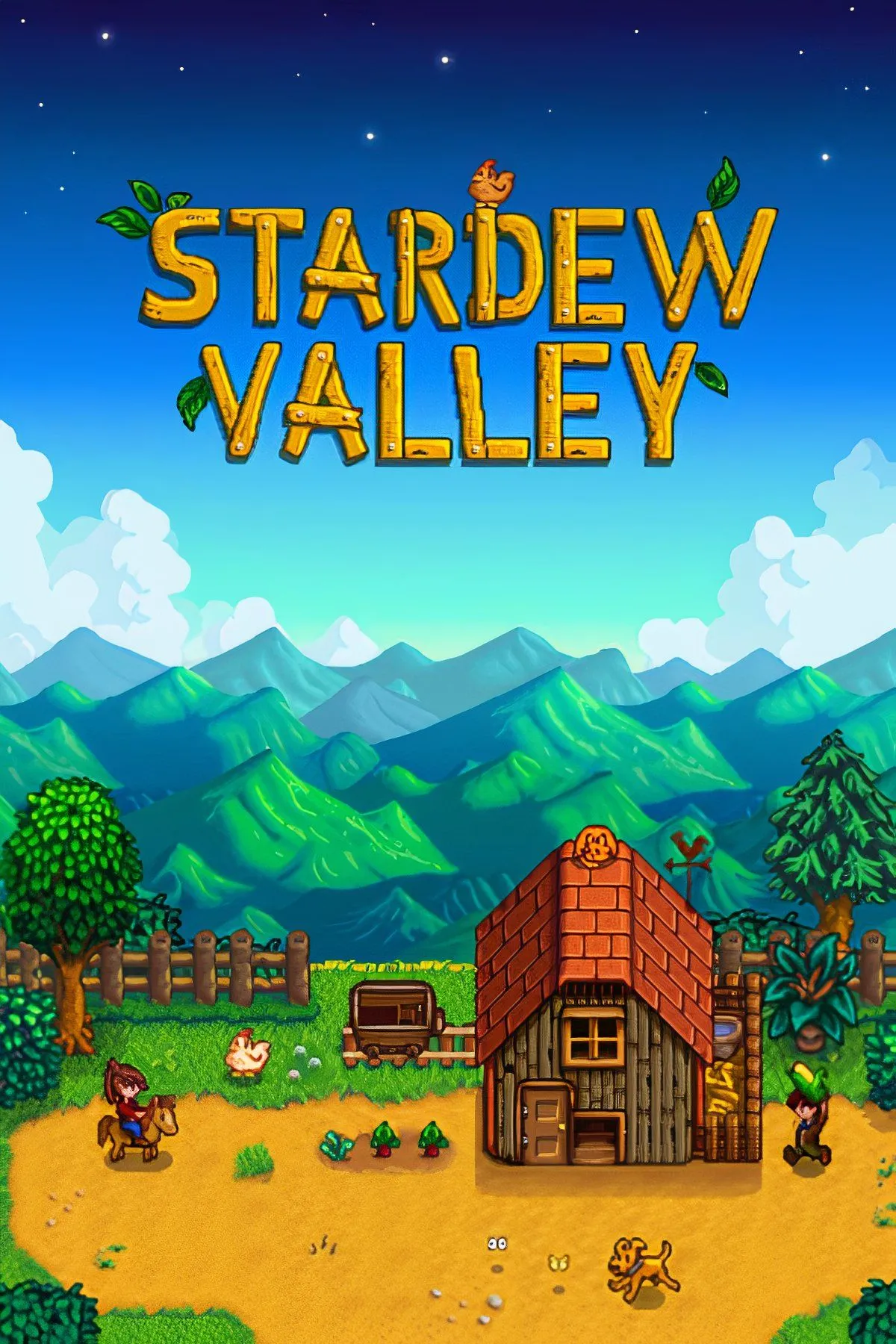 Một trang trại trong game Stardew Valley với hai nhân vật nông dân đang làm việc cùng nhau, thể hiện lối chơi mô phỏng cuộc sống yên bình.