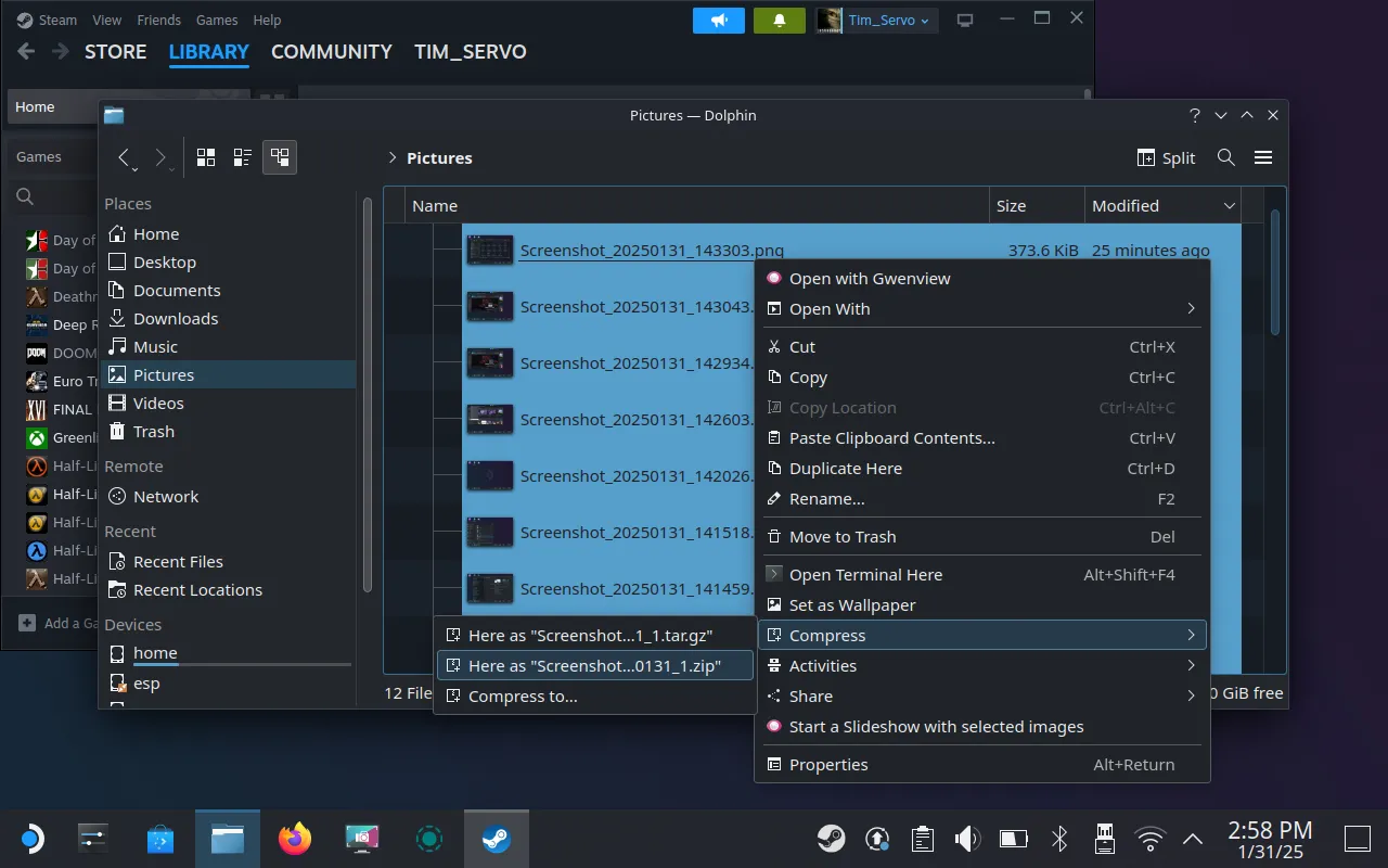 Nén nhiều file ảnh chụp màn hình thành một tệp ZIP trên Steam Deck để dễ dàng chuyển.