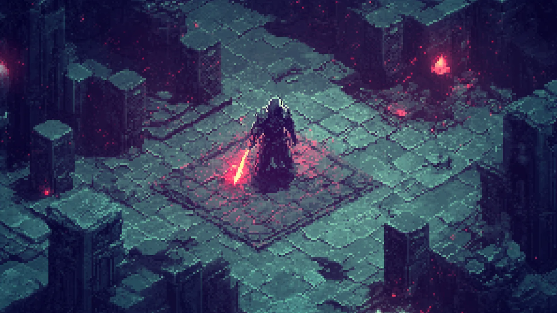 Nghệ thuật pixel AI của một game RPG gothic đen tối đẳng cấp Diablo với nhân vật mặc áo giáp ở trung tâm