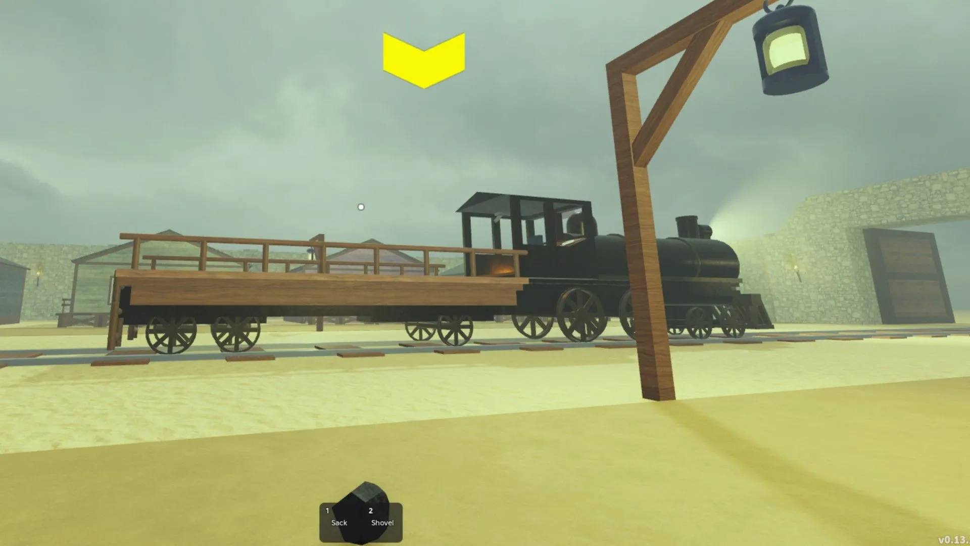 Người chơi đang cầm than và nhìn vào đoàn tàu của mình trong game Dead Rails trên Roblox.