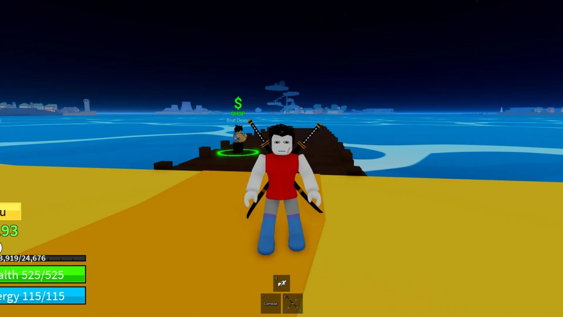 Người chơi đứng với hai thanh kiếm trên lưng gần một bến tàu trong game Bloxfruits trên Roblox.