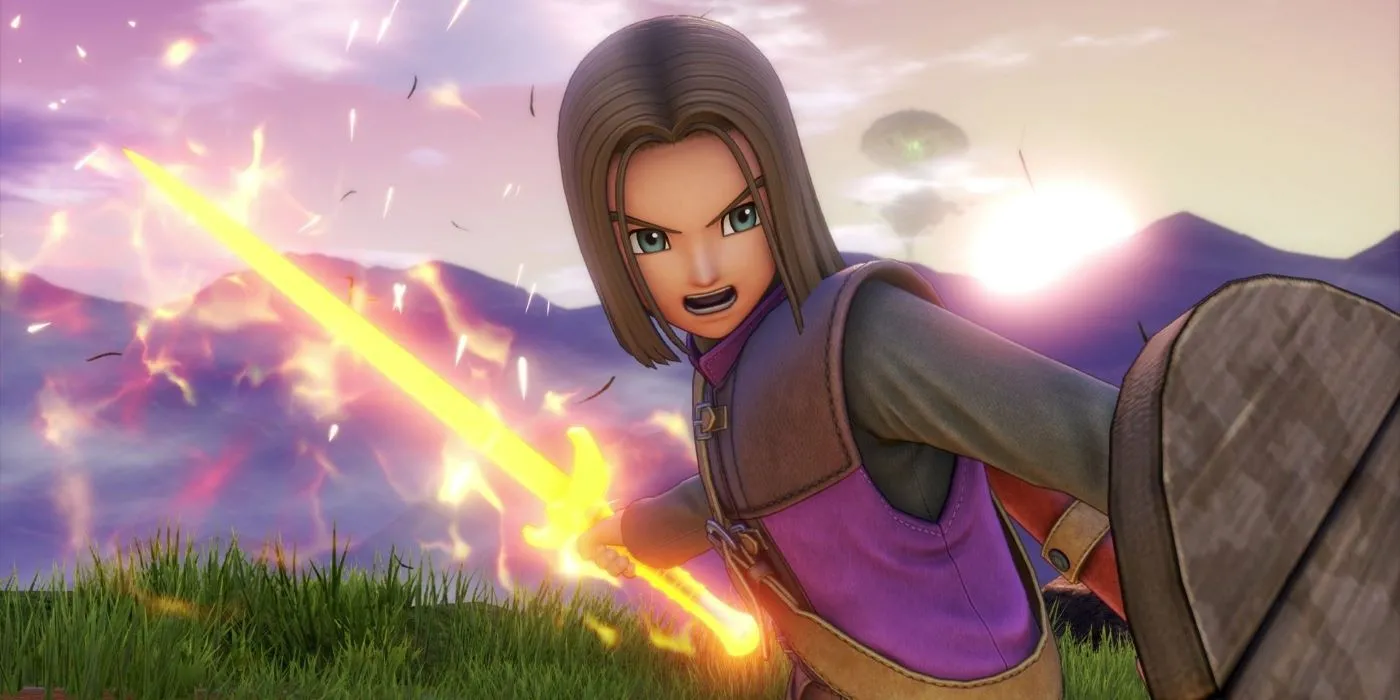 Người hùng Luminary từ Dragon Quest XI với thanh kiếm lửa, biểu tượng cho sự trở lại thành công của dòng game JRPG truyền thống này ở thị trường quốc tế.