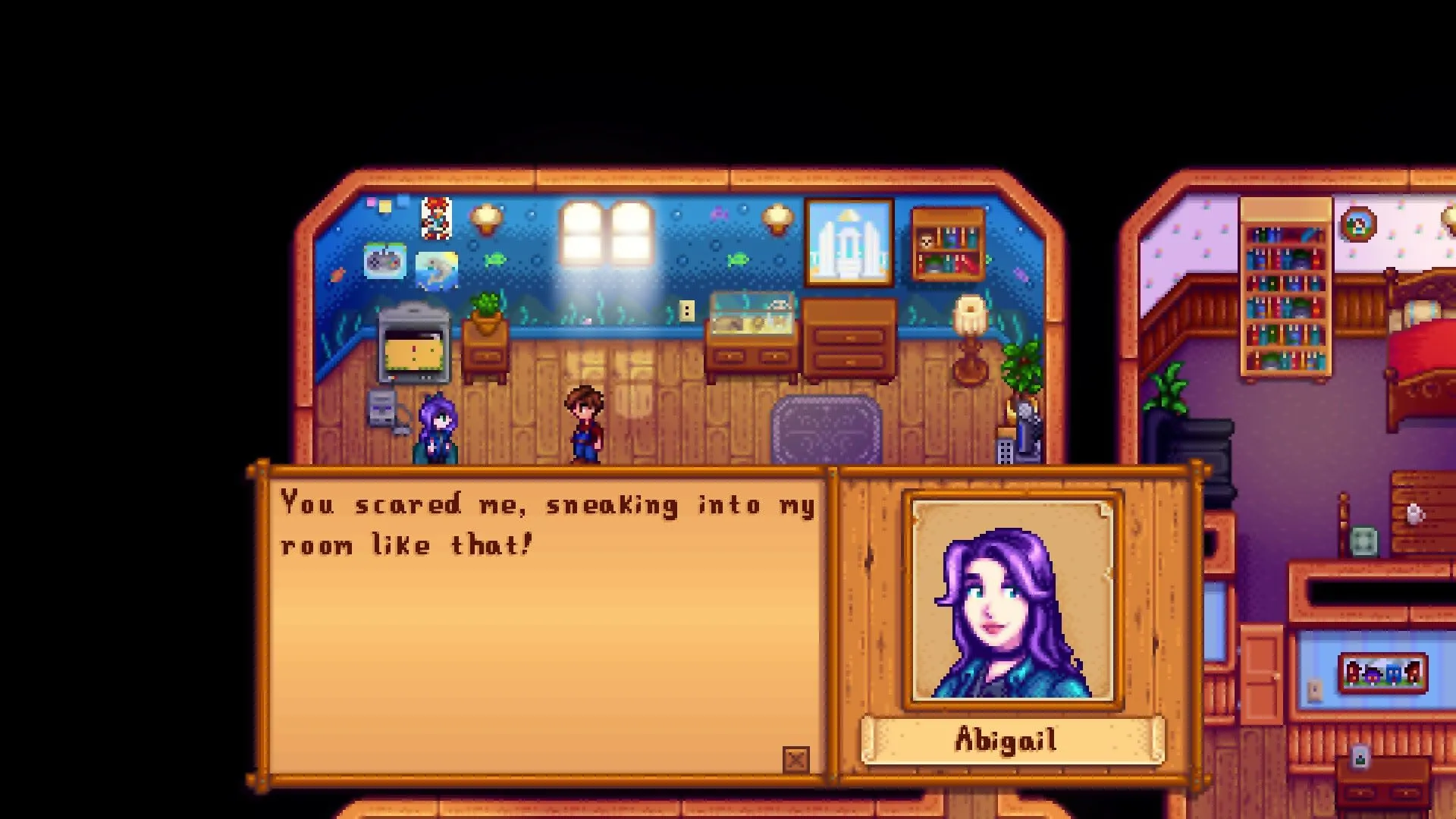 Nhân vật Abigail trò chuyện với người chơi trong game mô phỏng cuộc sống Stardew Valley