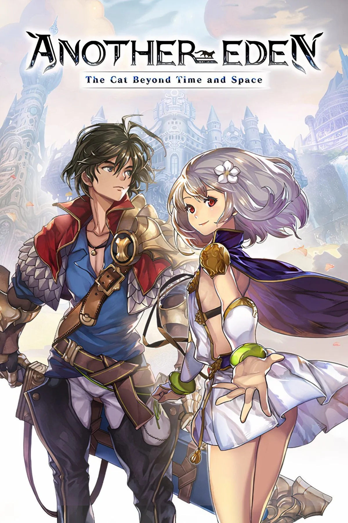 Nhân vật chính Aldo và mèo của mình trong Another Eden đang du hành qua các khung cảnh thời gian khác nhau