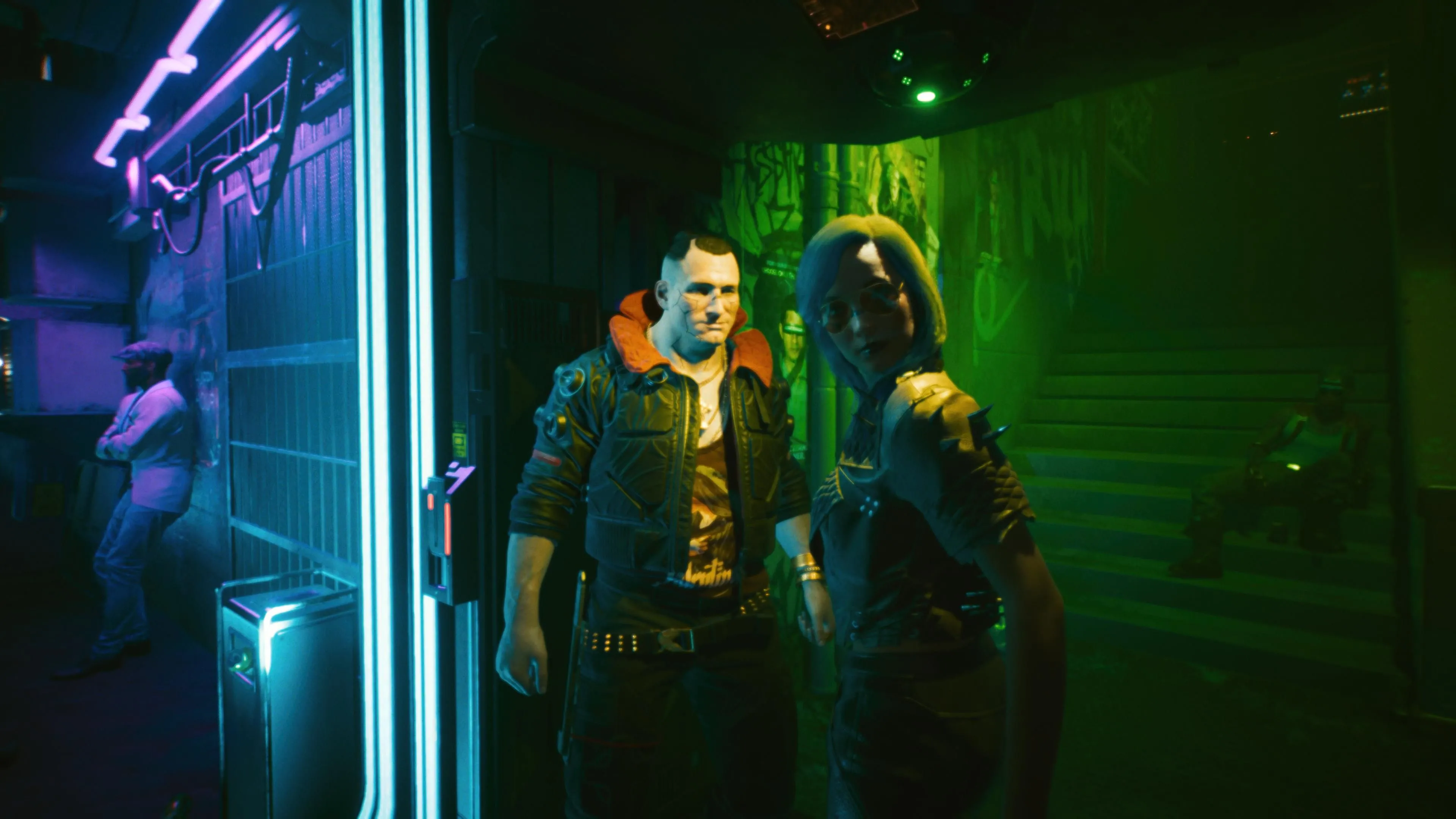 Nhân vật chính Cyberpunk 2077 quay lưng nhìn về phía camera