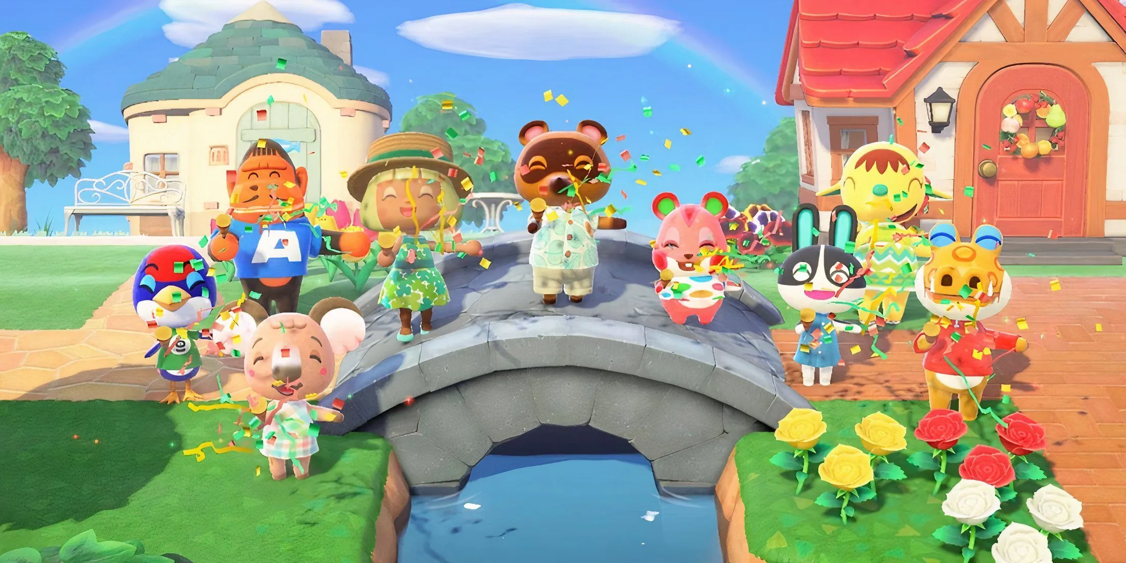Nhân vật chơi Animal Crossing ngồi thư giãn cạnh bờ sông với cảnh vật yên bình